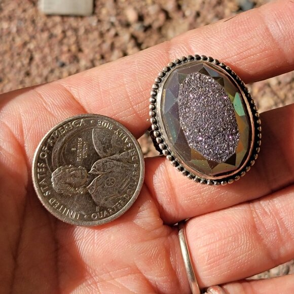 Designer Colleen Lopez purple flashy druzy 925 sterling silver heavy ring adjust - Picture 15 of 16